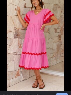 Women’s Pink Tiered Midi Dress with Red Trim